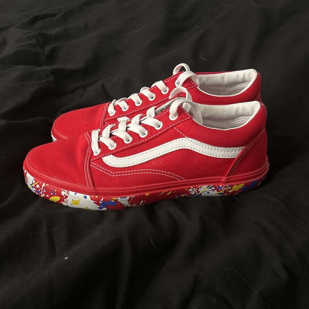 Vans Kids Old Skool Racing Red Paint Splatter Skate Shoes